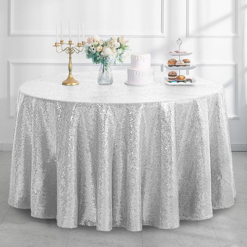 120 Inch Round Glitz Sequin Tablecloth Silver