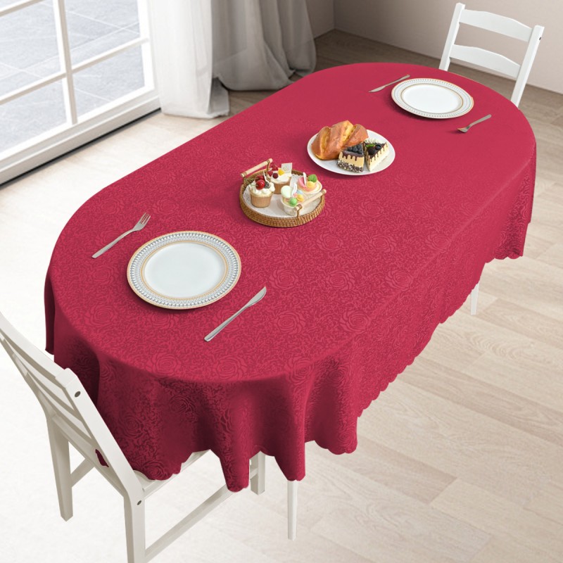 Oval Jacquard Tablecloth Peony Damask Patterns Table Cloth Burgundy