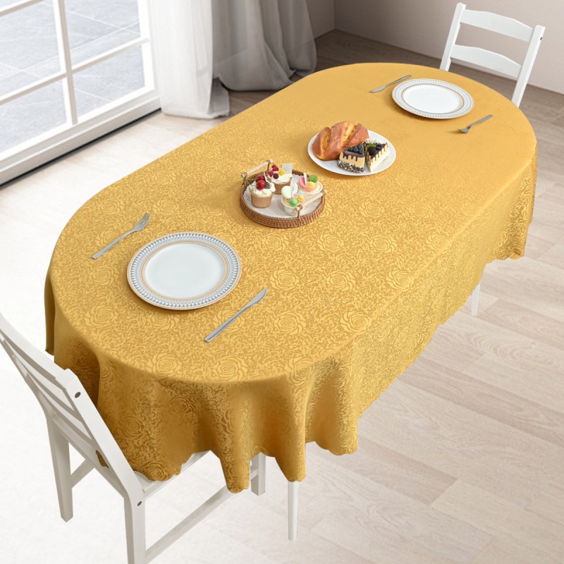 Oval Jacquard Tablecloth Peony Damask Patterns Table Cloth Gold 